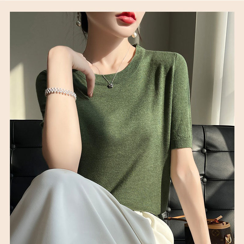 Spring and Summer Worsted Thin Tencel Women Loose Round-neck T-shirt Solid Color Sweater Half-sleeved