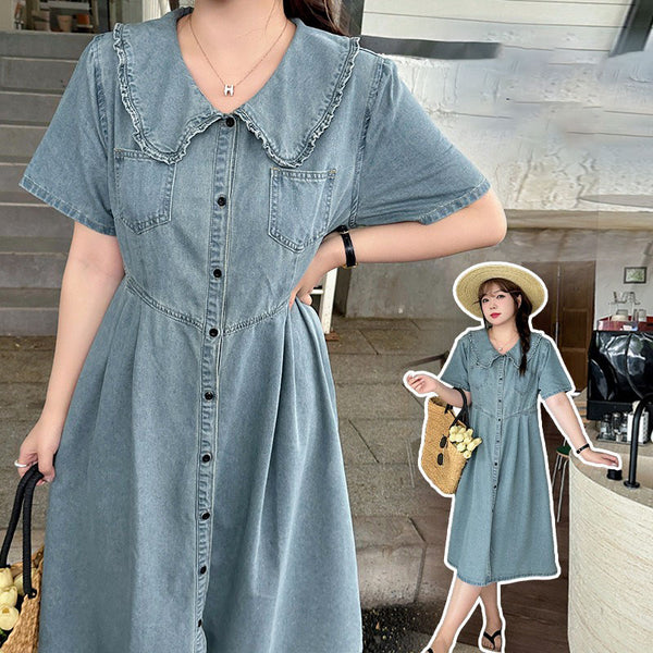 Retro Summer Doll Collar Denim Dress Women High-Waist A-line Skirt