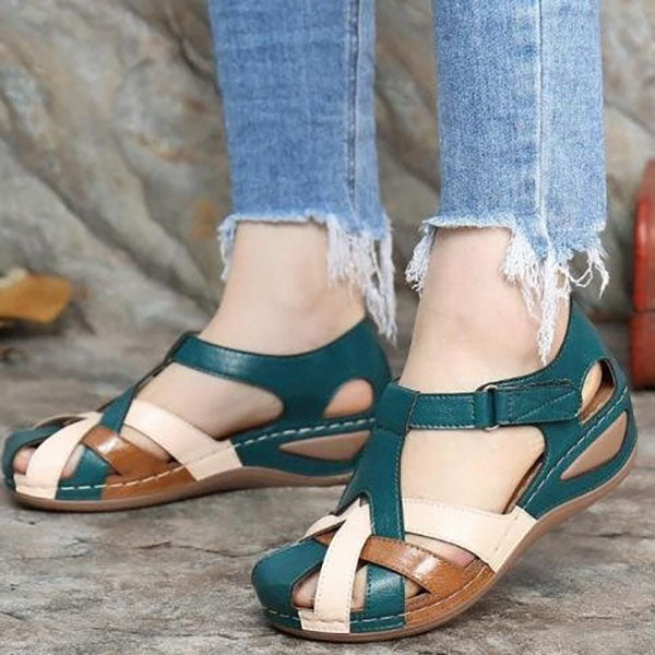 Retro Round Toe Slope Heel Cross Buckle Sandals