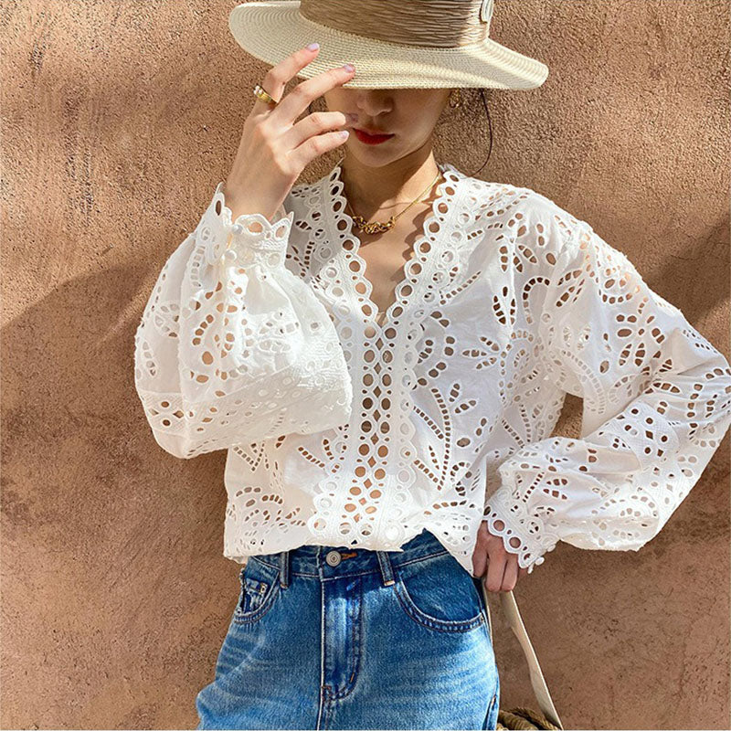 Spring and Summer V-neck Cotton Embroidery Design White Shirt Women