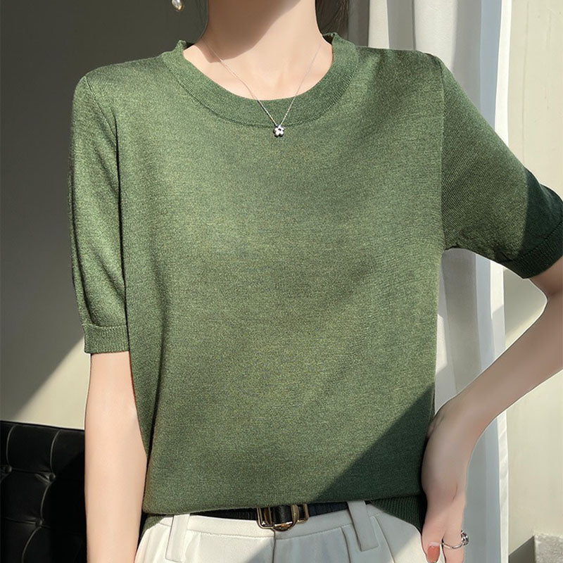 Spring and Summer Worsted Thin Tencel Women Loose Round-neck T-shirt Solid Color Sweater Half-sleeved