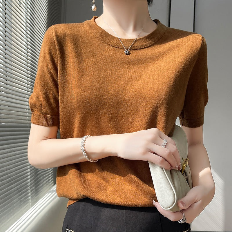 Spring and Summer Worsted Thin Tencel Women Loose Round-neck T-shirt Solid Color Sweater Half-sleeved