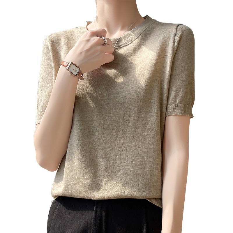 Spring and Summer Worsted Thin Tencel Women Loose Round-neck T-shirt Solid Color Sweater Half-sleeved