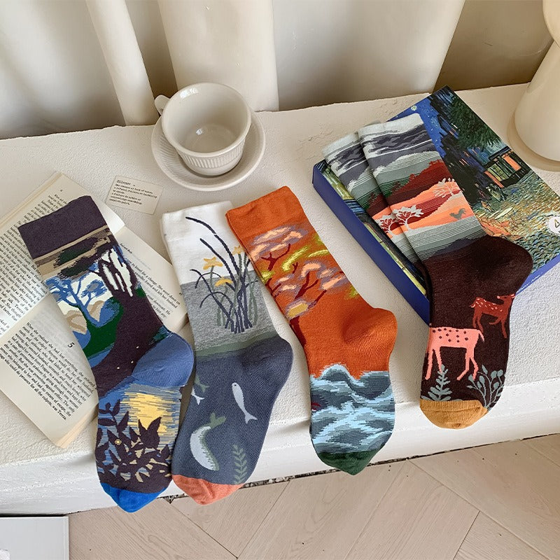 Women's Retro Oil Painting Style Gift Box Cotton Socks