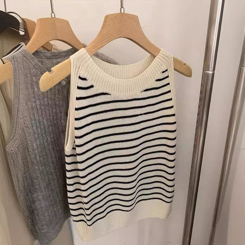 Striped Ice Silk Sweater Tank Top Summer Casual Sleeveless Linen Loose Top