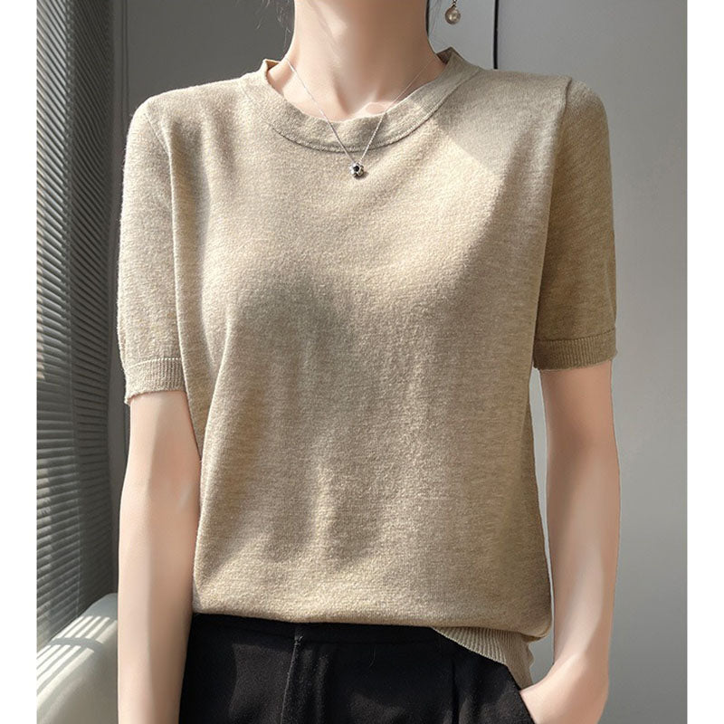 Spring and Summer Worsted Thin Tencel Women Loose Round-neck T-shirt Solid Color Sweater Half-sleeved