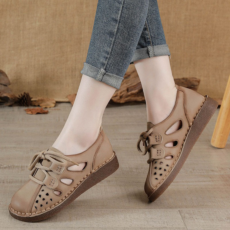 Retro Genuine Leather Soft Sole Hollow Wide-foot Sandals