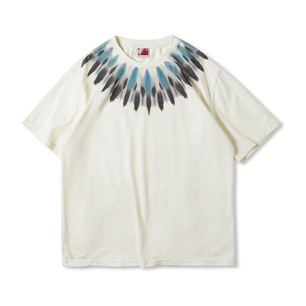 Retro Feather Printed Short Sleeve Ethnic Style T-shirt