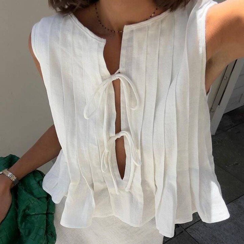 Summer New Style Casual Cotton Hemp Laced Blouse Vest