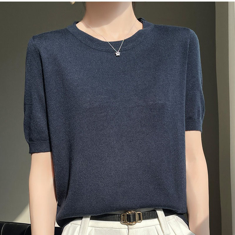 Spring and Summer Worsted Thin Tencel Women Loose Round-neck T-shirt Solid Color Sweater Half-sleeved