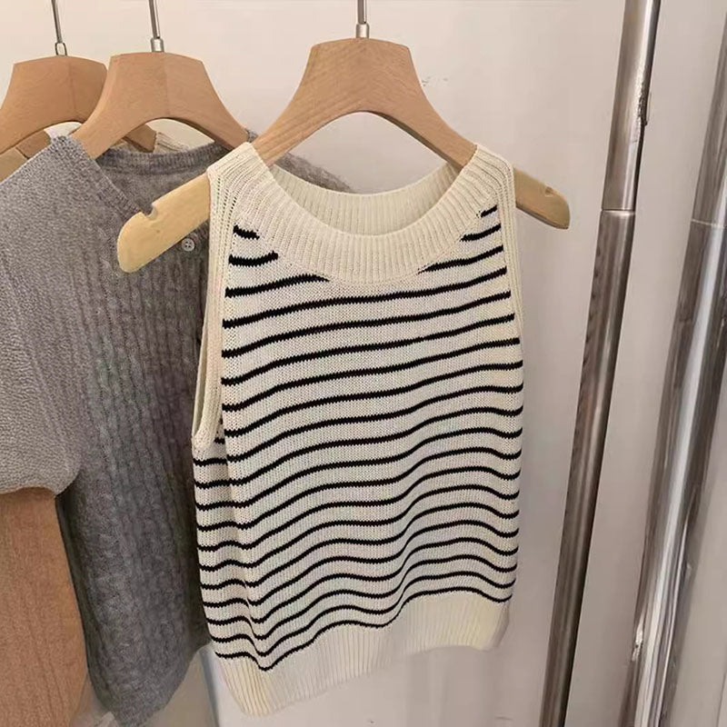 Striped Ice Silk Sweater Tank Top Summer Casual Sleeveless Linen Loose Top