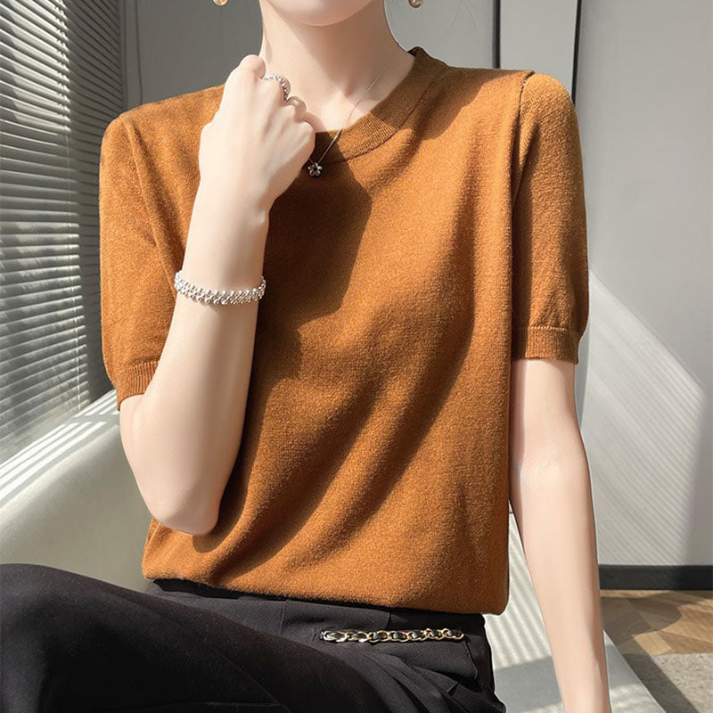 Spring and Summer Worsted Thin Tencel Women Loose Round-neck T-shirt Solid Color Sweater Half-sleeved