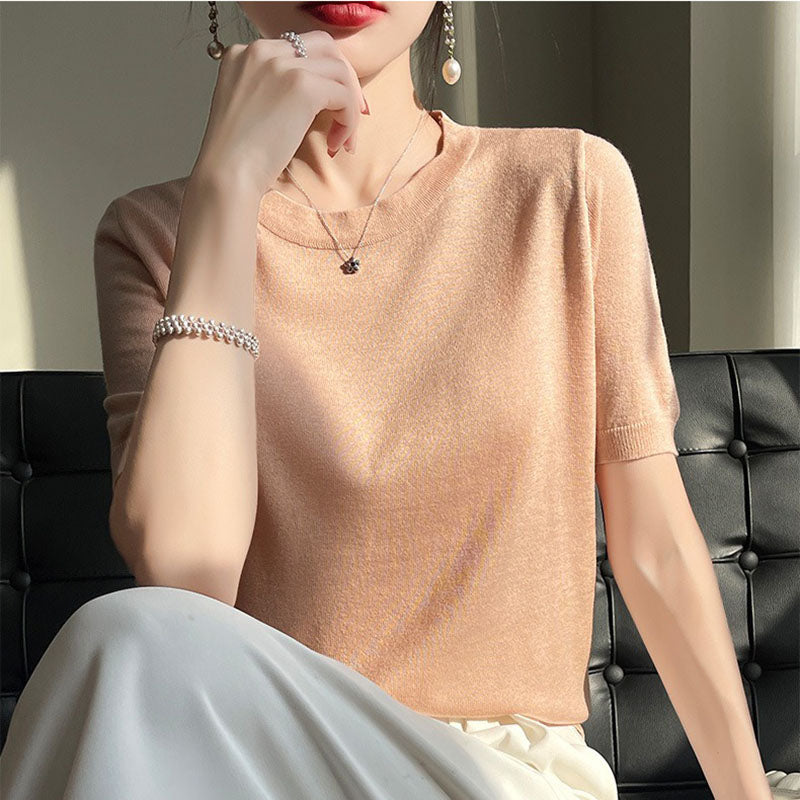 Spring and Summer Worsted Thin Tencel Women Loose Round-neck T-shirt Solid Color Sweater Half-sleeved