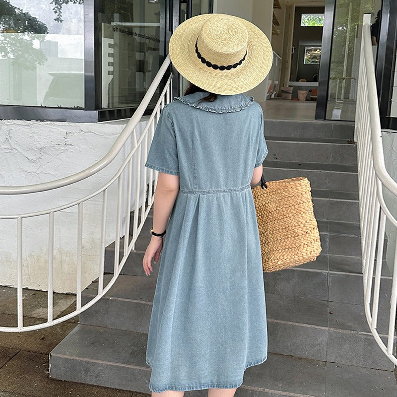 Retro Summer Doll Collar Denim Dress Women High-Waist A-line Skirt