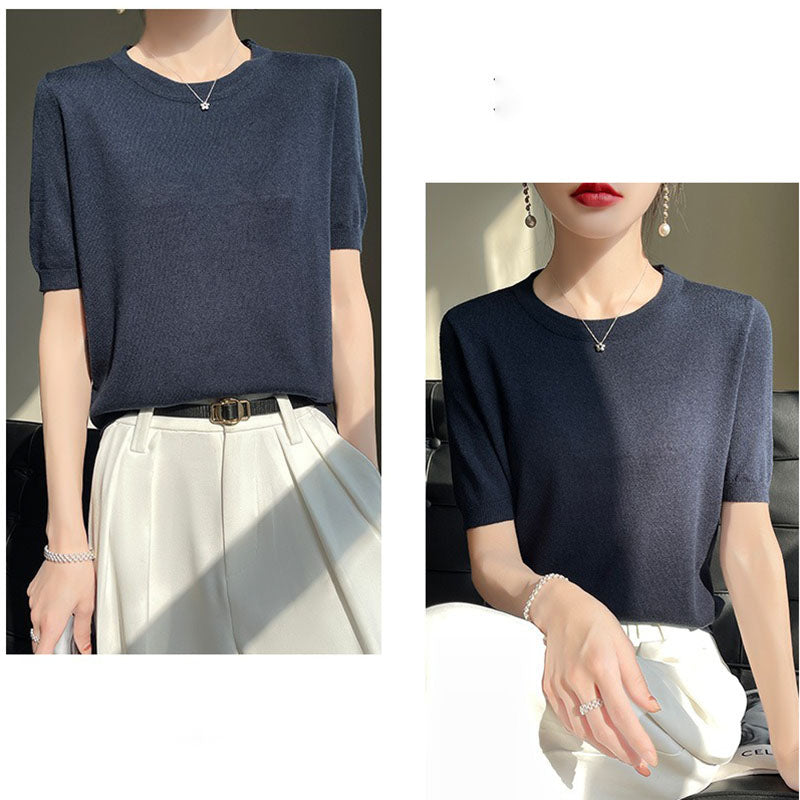 Spring and Summer Worsted Thin Tencel Women Loose Round-neck T-shirt Solid Color Sweater Half-sleeved