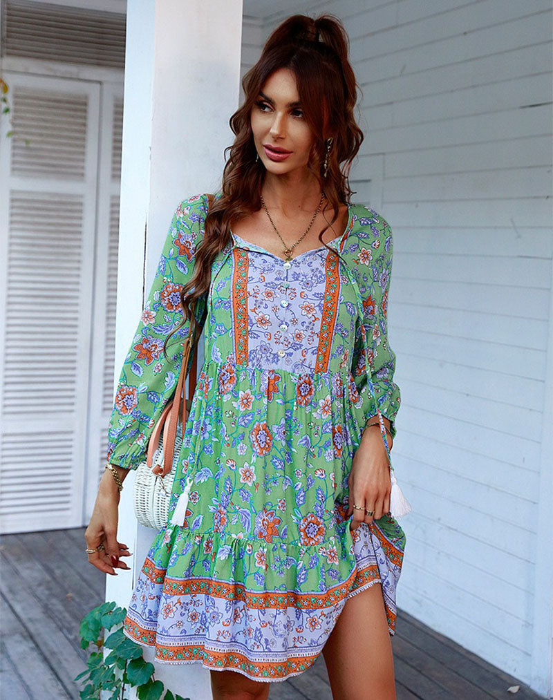 Casual Bohemian V-neck A-line Holiday Style Floral Dresses