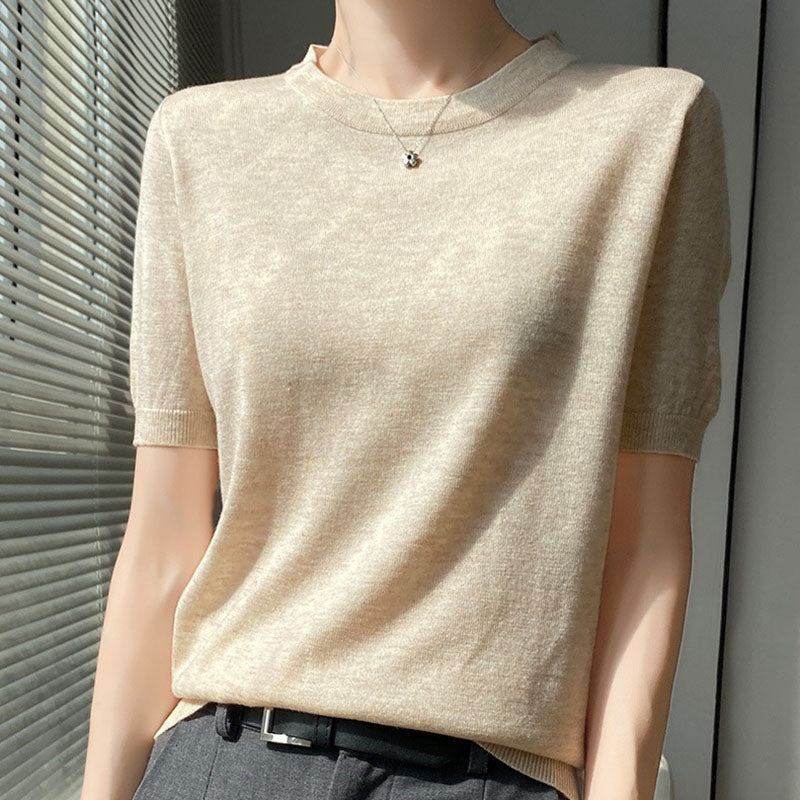 Spring and Summer Worsted Thin Tencel Women Loose Round-neck T-shirt Solid Color Sweater Half-sleeved