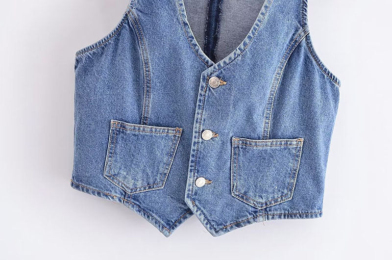 Summer Pocket V-neck Short Denim Vest