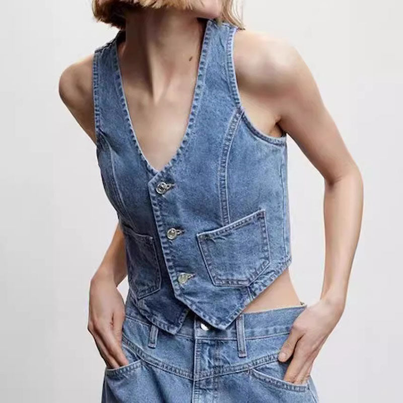 Summer Pocket V-neck Short Denim Vest