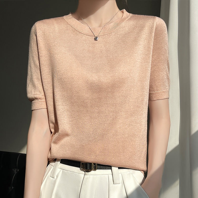 Spring and Summer Worsted Thin Tencel Women Loose Round-neck T-shirt Solid Color Sweater Half-sleeved