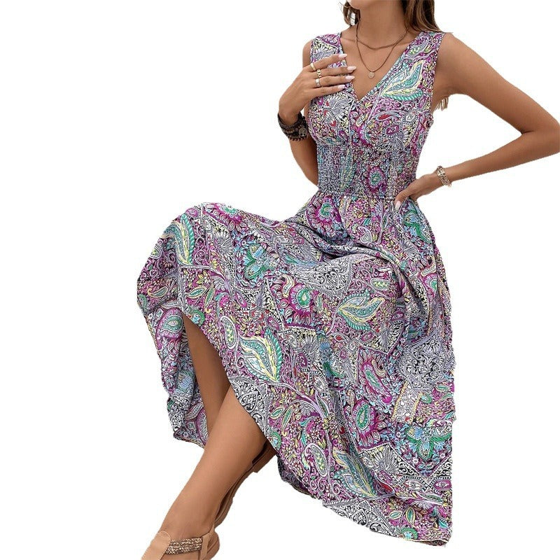 Vintage Bohemian Printed V-neck High Waisted Dress