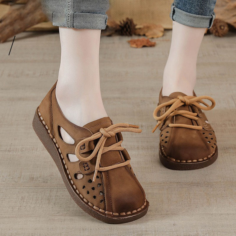 Retro Genuine Leather Soft Sole Hollow Wide-foot Sandals