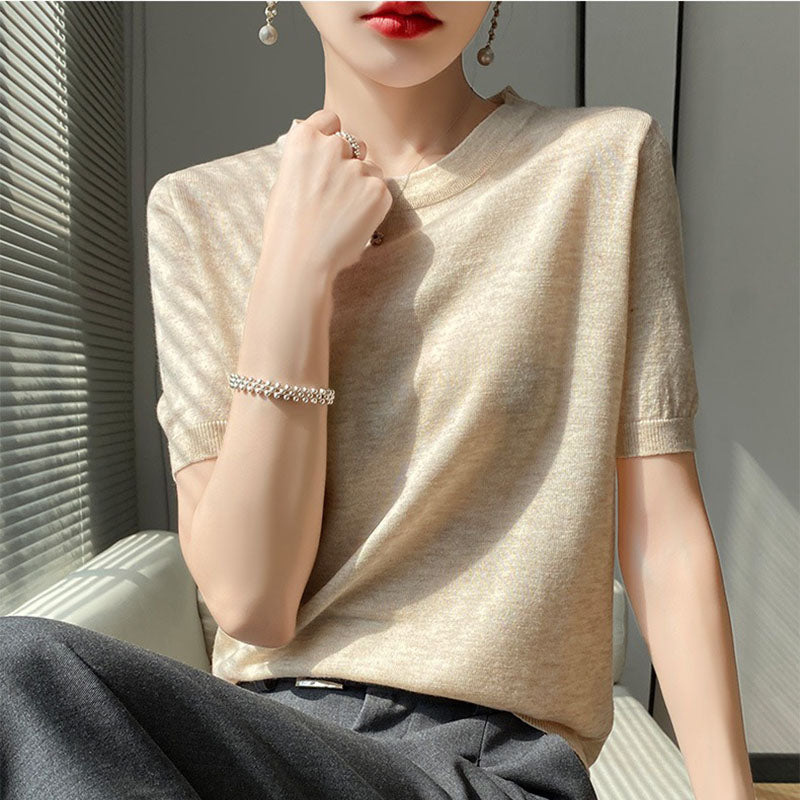 Spring and Summer Worsted Thin Tencel Women Loose Round-neck T-shirt Solid Color Sweater Half-sleeved