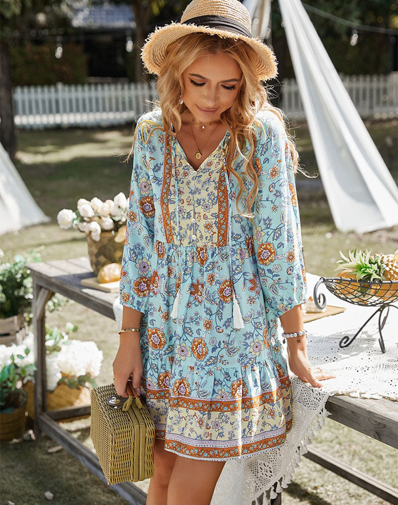 Casual Bohemian V-neck A-line Holiday Style Floral Dresses