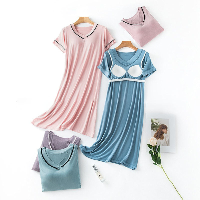 Chest Pad V-neck Loose Nightdress