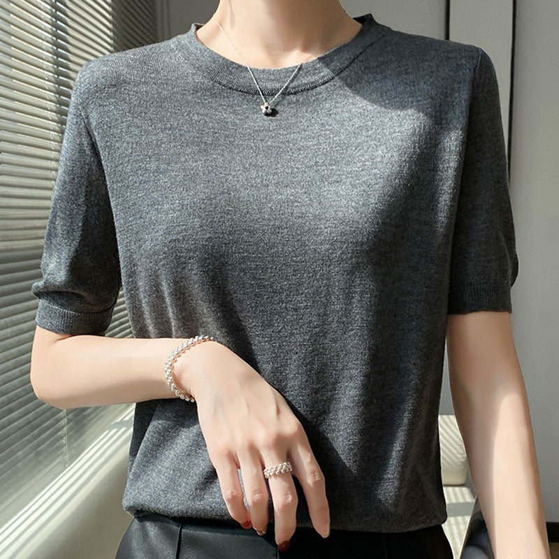 Spring and Summer Worsted Thin Tencel Women Loose Round-neck T-shirt Solid Color Sweater Half-sleeved