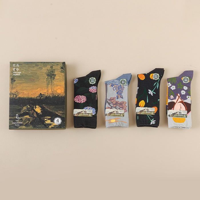 Women's Retro Oil Painting Style Gift Box Cotton Socks