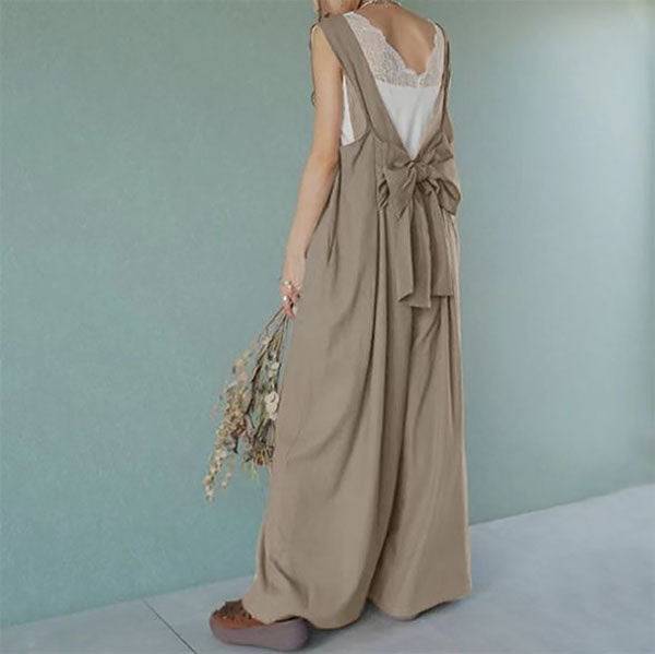 Retro loose backless bow girl summer side pocket cargo pants overalls wide leg pants