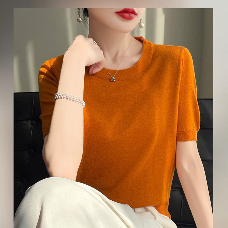 Spring and Summer Worsted Thin Tencel Women Loose Round-neck T-shirt Solid Color Sweater Half-sleeved