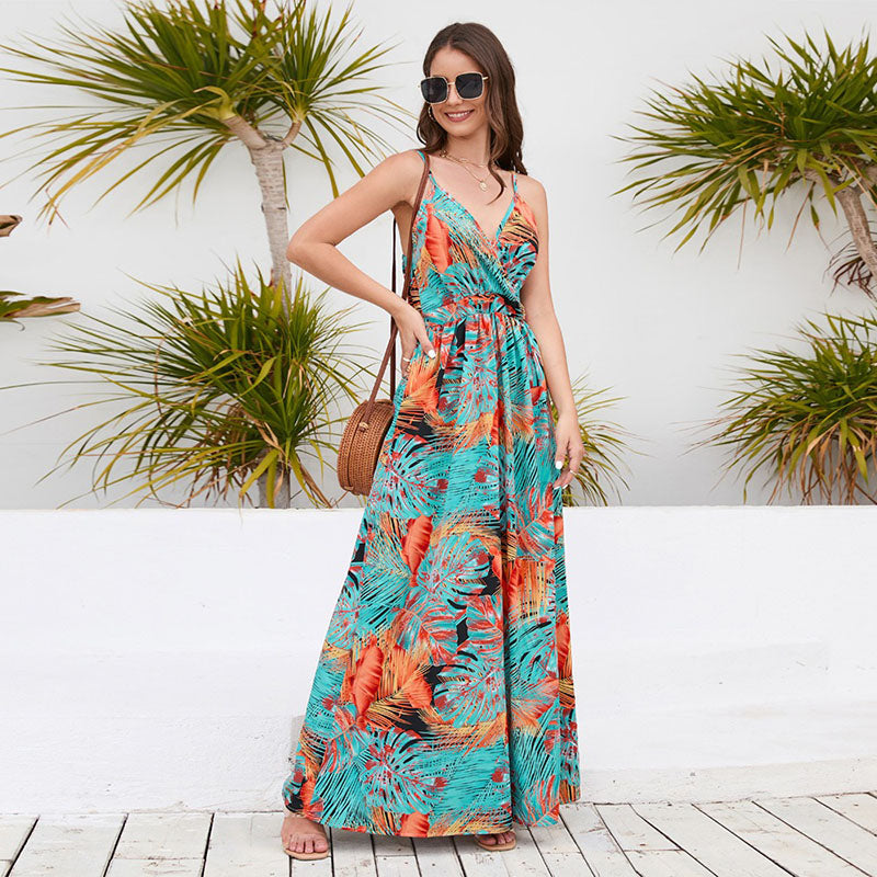 New Style Bohemian Printed Sexy V-neck Sling Dress