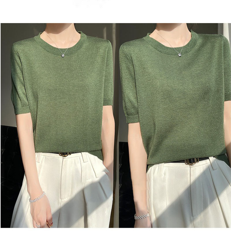 Spring and Summer Worsted Thin Tencel Women Loose Round-neck T-shirt Solid Color Sweater Half-sleeved