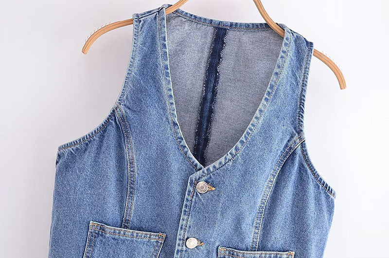 Summer Pocket V-neck Short Denim Vest