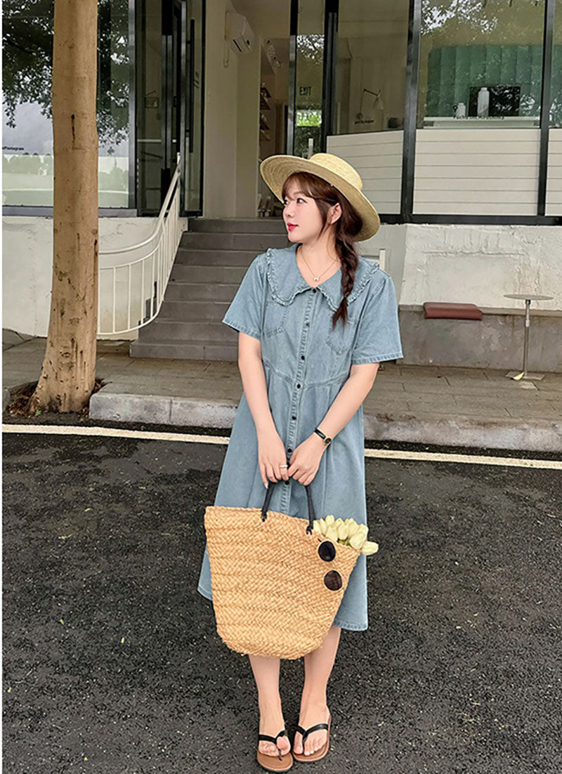 Retro Summer Doll Collar Denim Dress Women High-Waist A-line Skirt