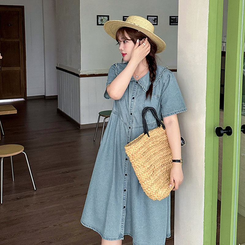 Retro Summer Doll Collar Denim Dress Women High-Waist A-line Skirt