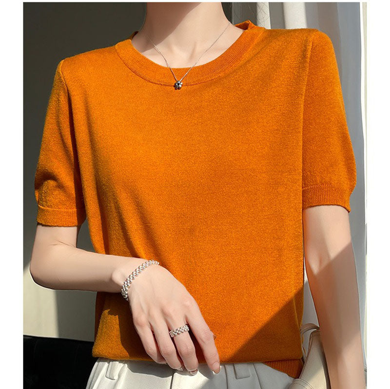 Spring and Summer Worsted Thin Tencel Women Loose Round-neck T-shirt Solid Color Sweater Half-sleeved