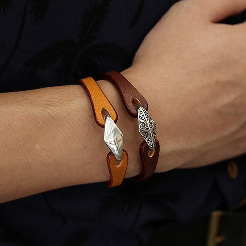 Vintage Solid Silver Tanned Leather Bracelet