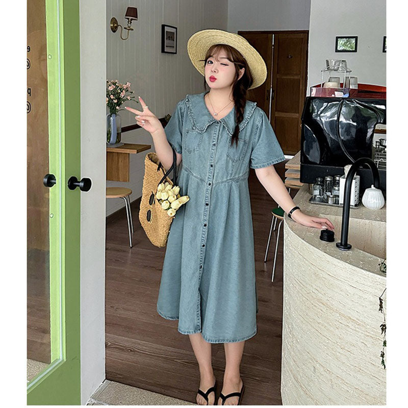 Retro Summer Doll Collar Denim Dress Women High-Waist A-line Skirt