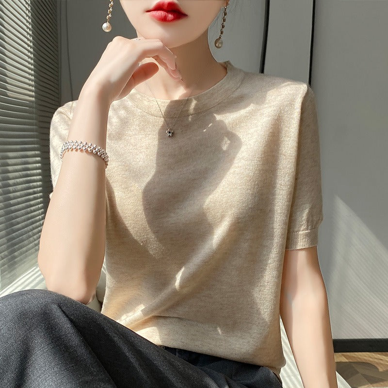 Spring and Summer Worsted Thin Tencel Women Loose Round-neck T-shirt Solid Color Sweater Half-sleeved