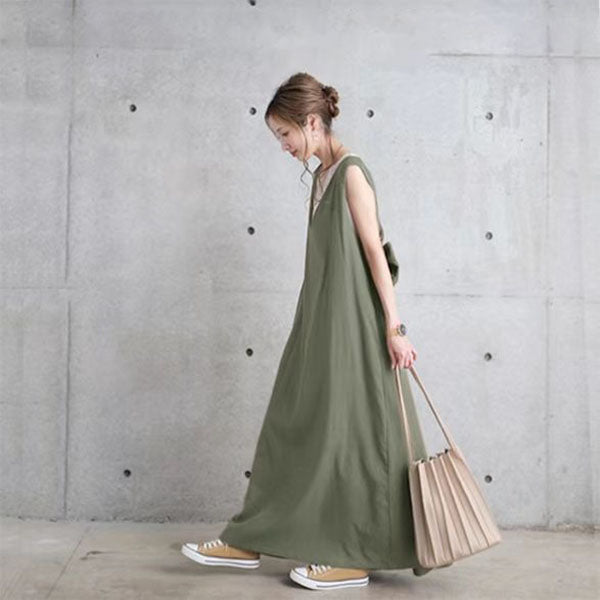 Retro loose backless bow girl summer side pocket cargo pants overalls wide leg pants