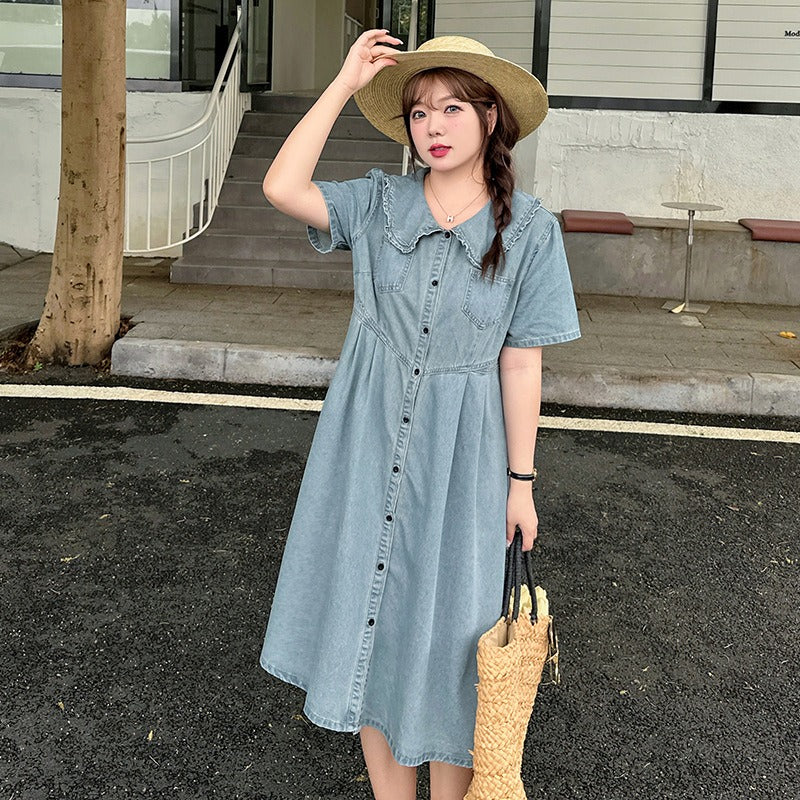 Retro Summer Doll Collar Denim Dress Women High-Waist A-line Skirt