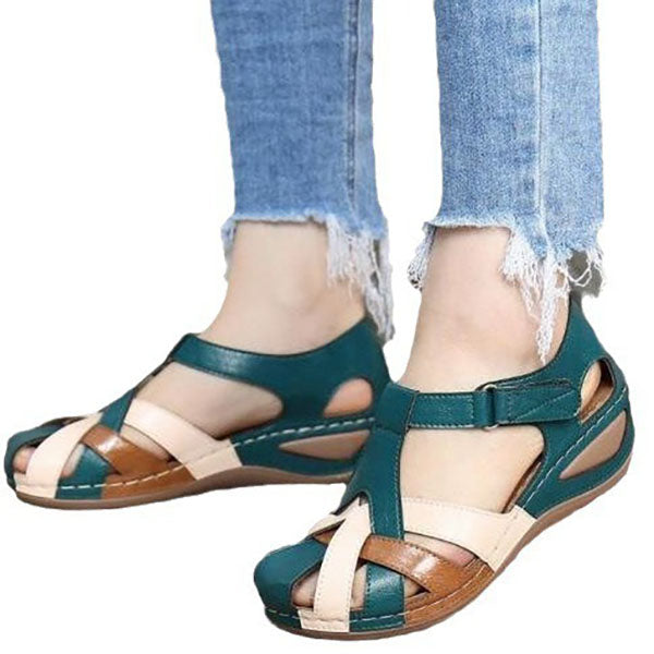 Retro Round Toe Slope Heel Cross Buckle Sandals