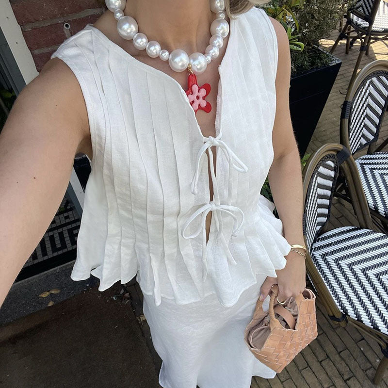 Summer New Style Casual Cotton Hemp Laced Blouse Vest