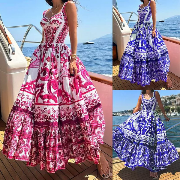 New Women's Bohemian Printed Suspender High Waist Large Swing Dress