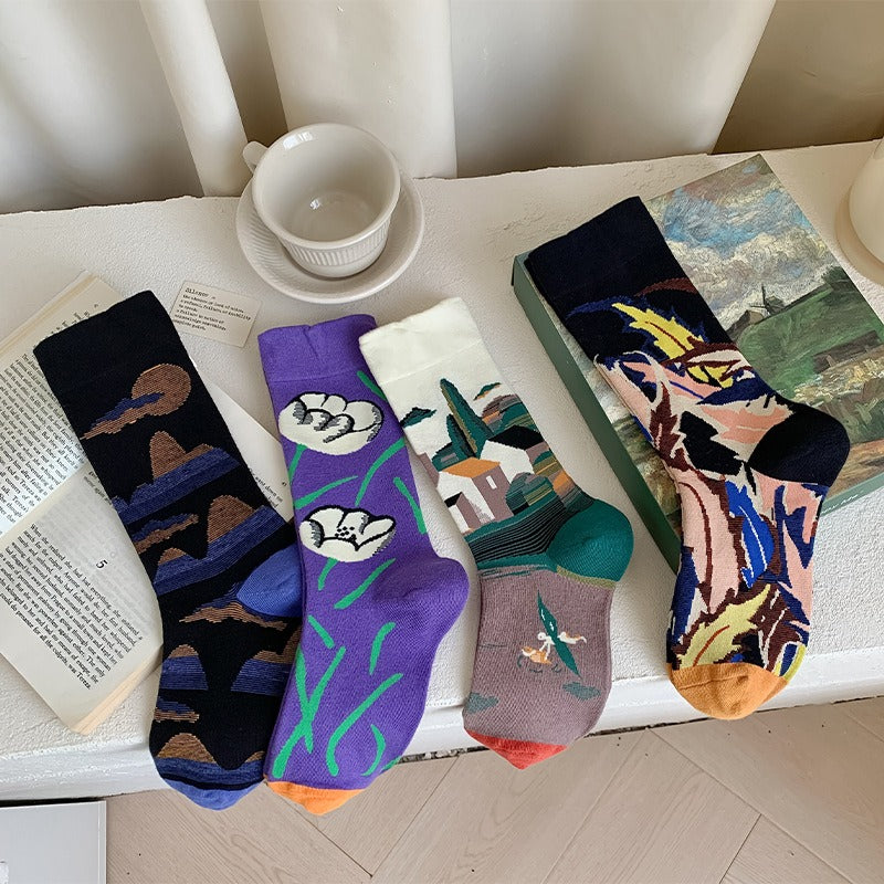 Women's Retro Oil Painting Style Gift Box Cotton Socks