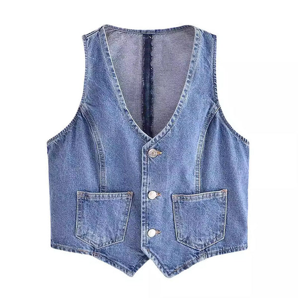 Summer Pocket V-neck Short Denim Vest