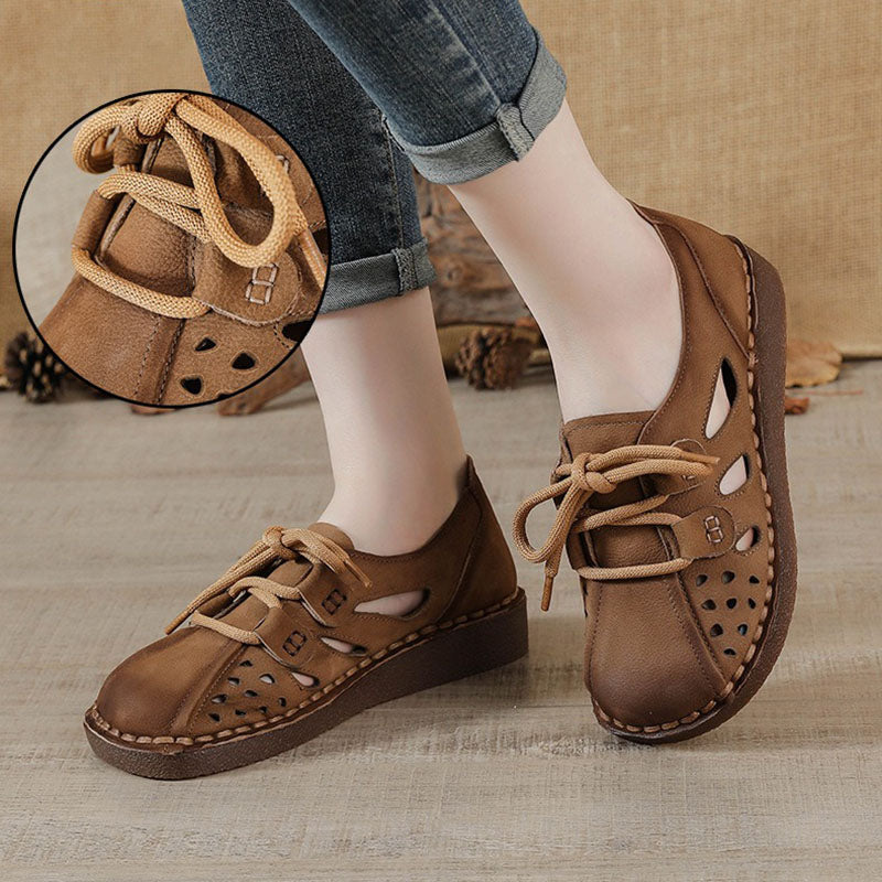 Retro Genuine Leather Soft Sole Hollow Wide-foot Sandals